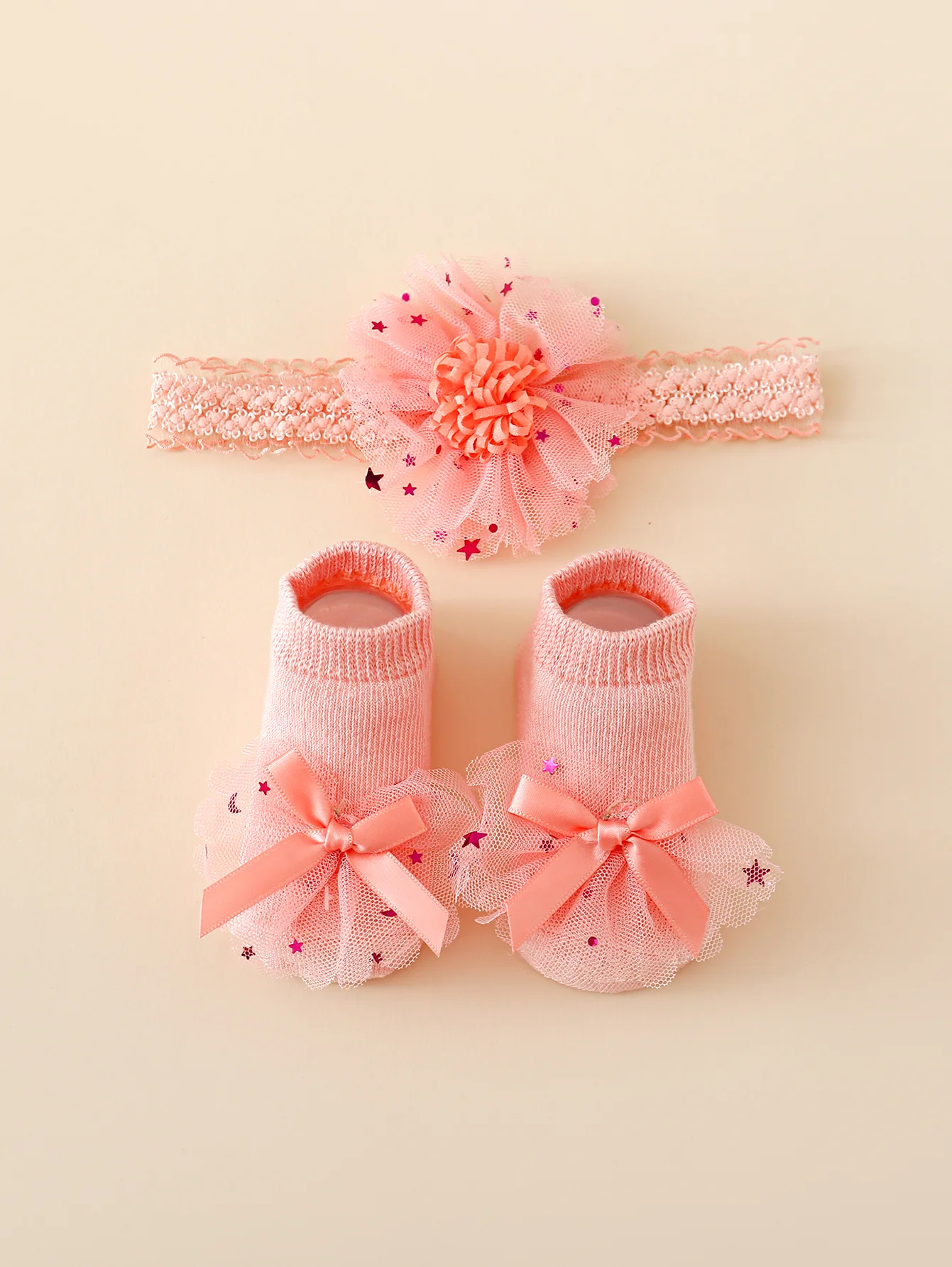 2Pcs Girls Headband Socks Set,Solid Soft Socks Decoration with Netting Fabric Bows and Elastic Hairband for Babies 0-6m Outfits