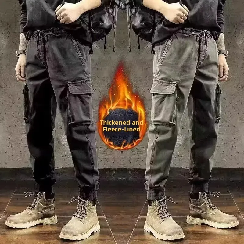 

Thiened Fce Work Trousers Men's Loose Casual Multi-ket Wear-Resistant Stain-Resistant Cuffed Pants Autumn Winter