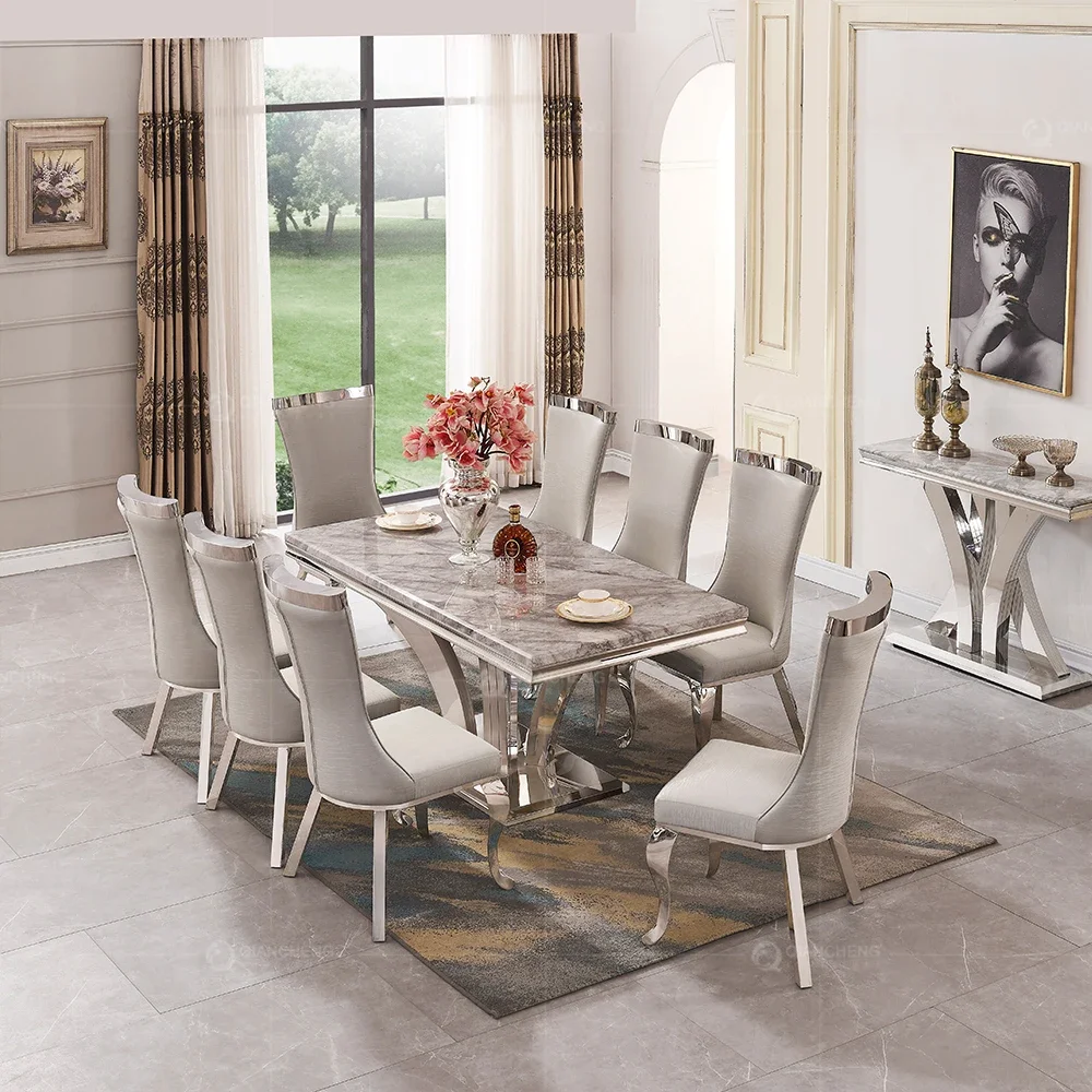 China Dining room furniture marble dining table set rectangle silver stainless steel base dining tables