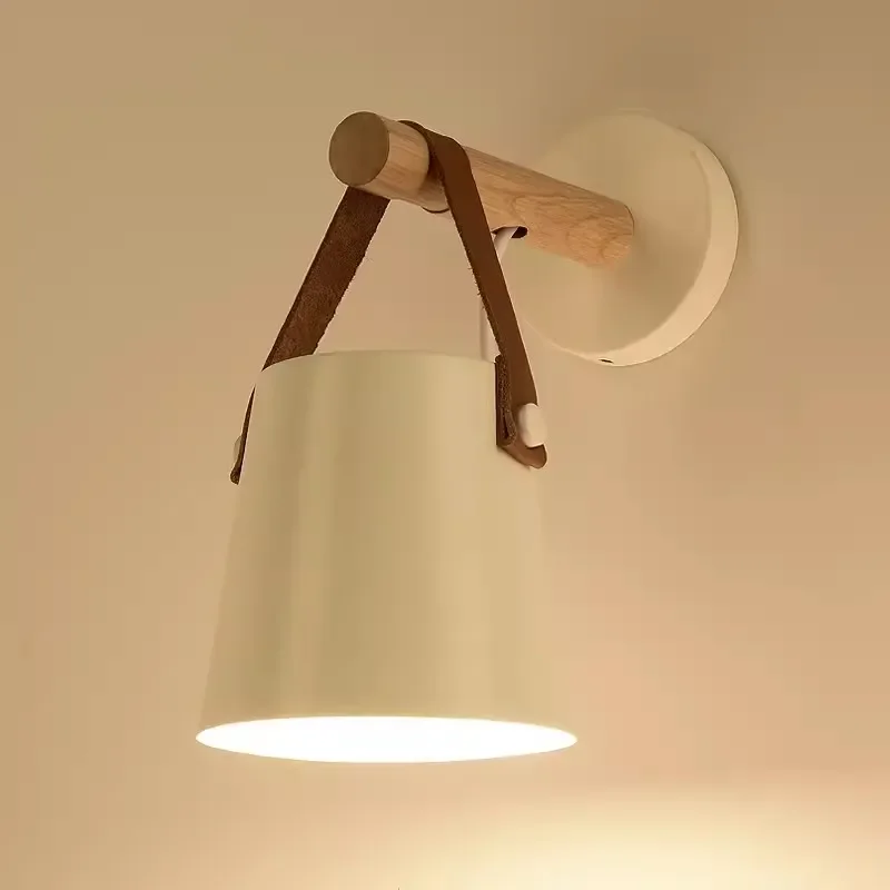 Lámpara LED de pared para mesita de noche, candelabros colgantes de cinturón de cuero de madera nórdica para dormitorio, estudio, sala de estar, luz