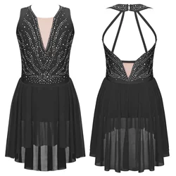 Teen Girls Rhinestone Figure Skating Performance Dress Sleeveless Strappy Back Ballet Gymnastics Leotard Lyrical Dance Costume