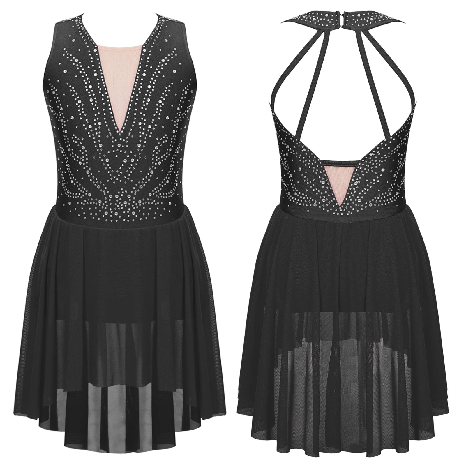 Nastoletnie dziewczęta Rhinestone łyżwiarstwo figurowe sukienka na występy bez rękawów Strappy powrót balet gimnastyka trykot liryczny kostium taneczny