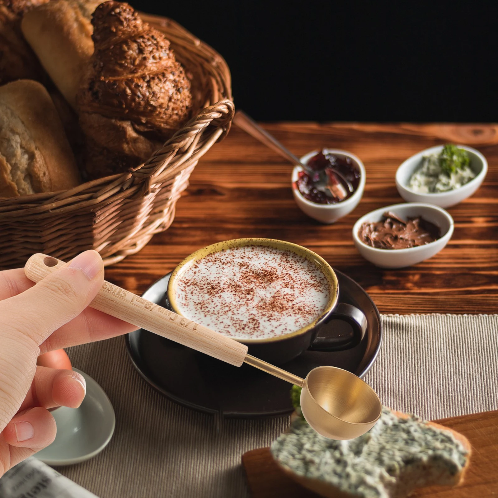 

Matte Gold Stainless Steel Measuring Spoon 8ml Wooden H for Coffee Powder Milk Baking Ingredients Kitchen Cooking Seasoning