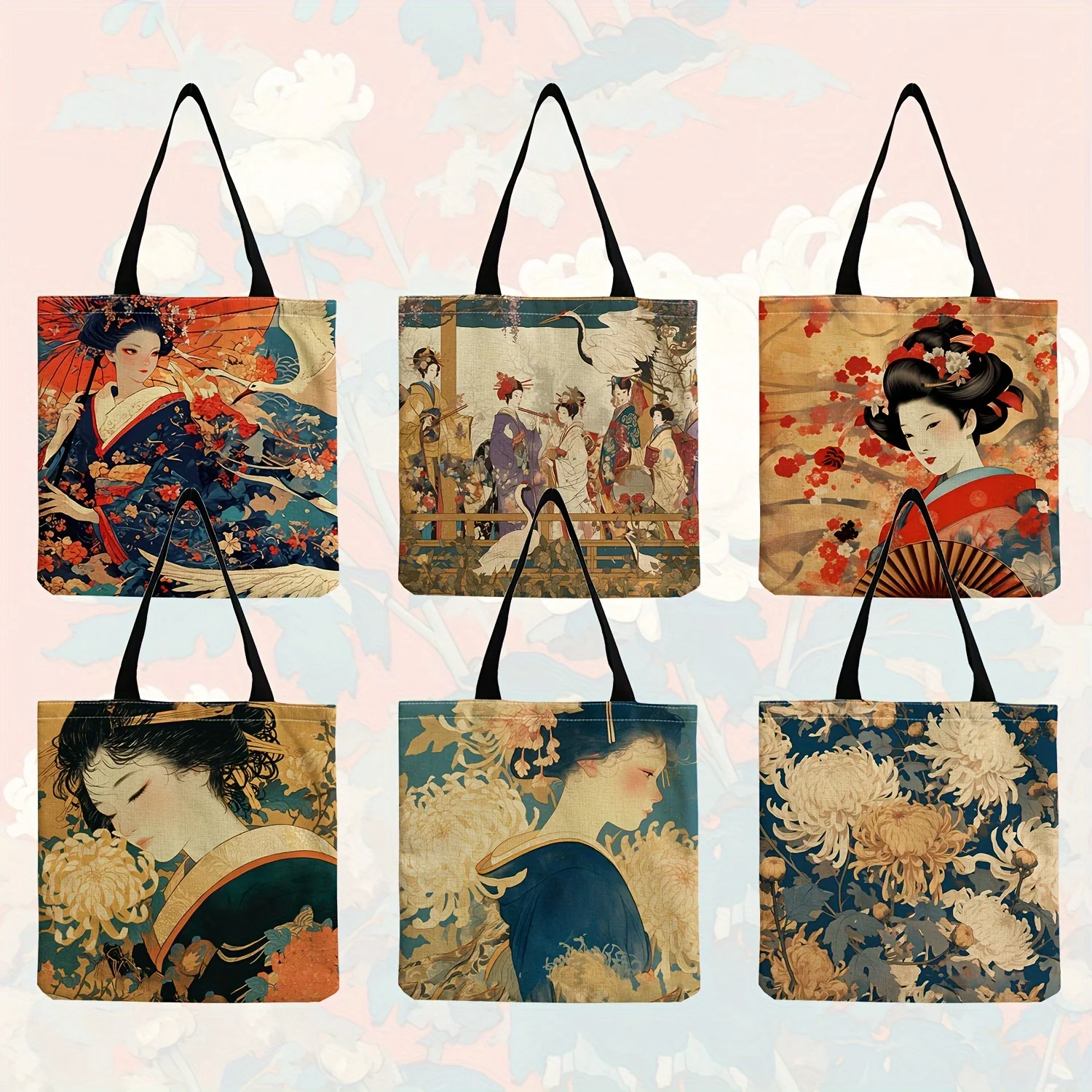 

Japanese Ukiyo-E Style Double-Sided Print Women'S Tote Bag, Casual Polyester Tote with Fixed Shoulder Straps