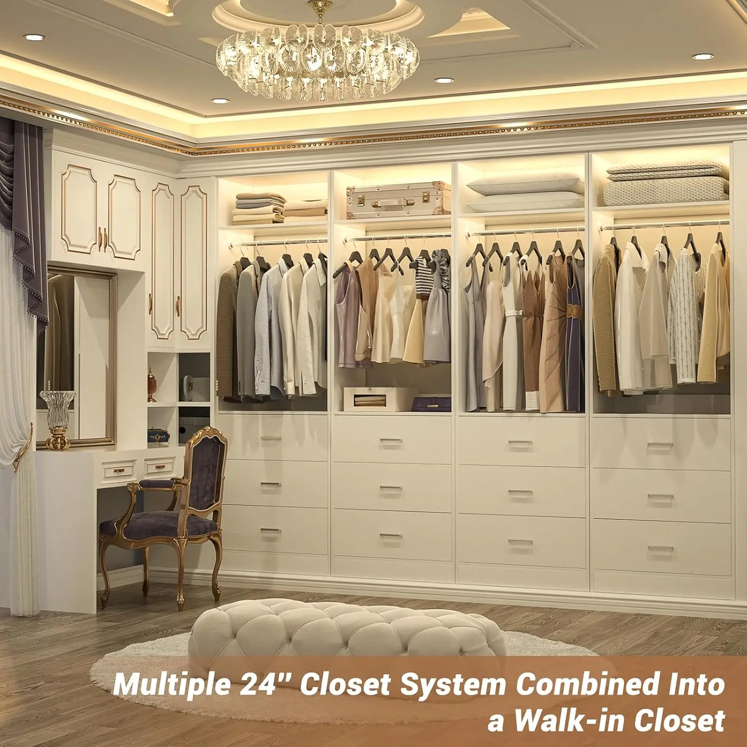 Freestanding 2FT Closet System with 3 Wood Drawers, 24" Closet Organizer System with Hanging Rod & Shelves,