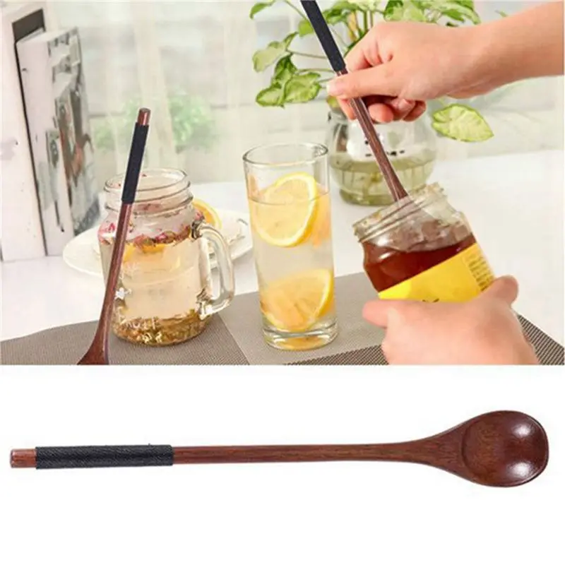 ABGH-12Pc Long Handled Wooden Spoons Wood Tea Coffee Spoon Japanese Style Dessert Spoon Set Honey Mixing Spoon Wood Tableware