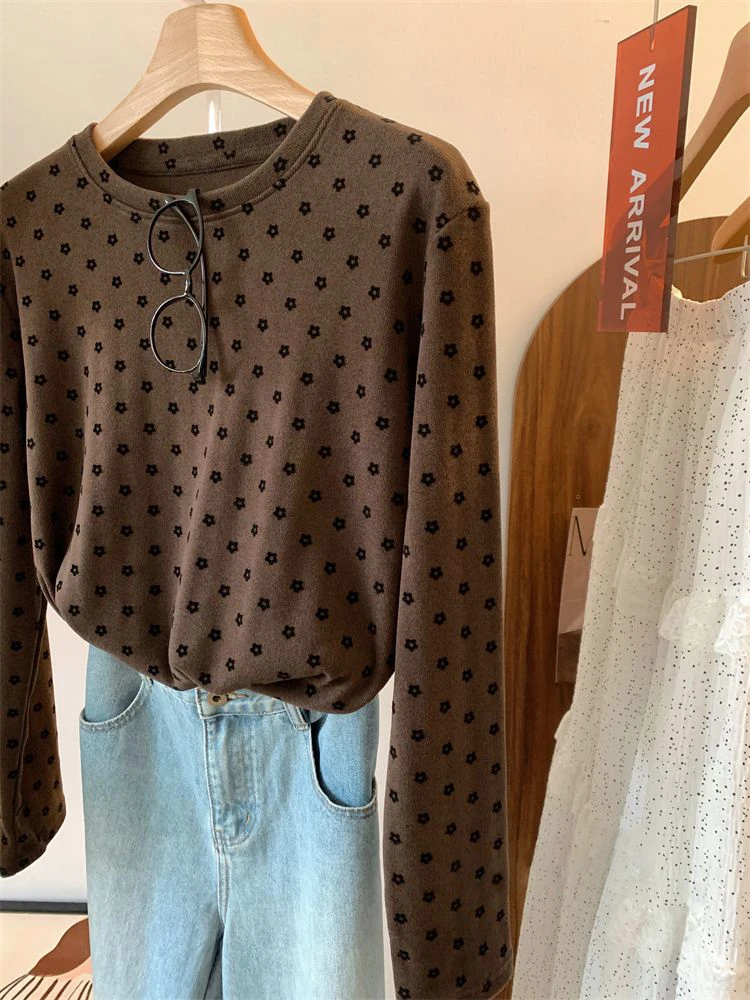 تي شيرت كوري فريد من نوعه بطبعة زهور عتيقة طويلة Sve تي شيرت ex كاجوال متعدد الاستخدامات بطبقة أساسية لربيع الخريف #5