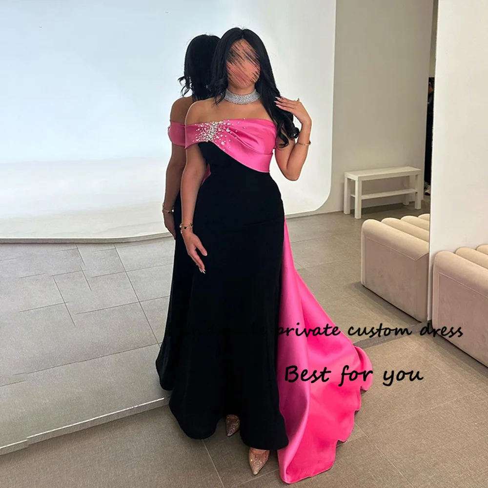 

Black Pink Mermaid Evening Dresses One Shoulder Pleats Satin Formal Prom Dress with Beads Arabic Dubai Evening Gowns