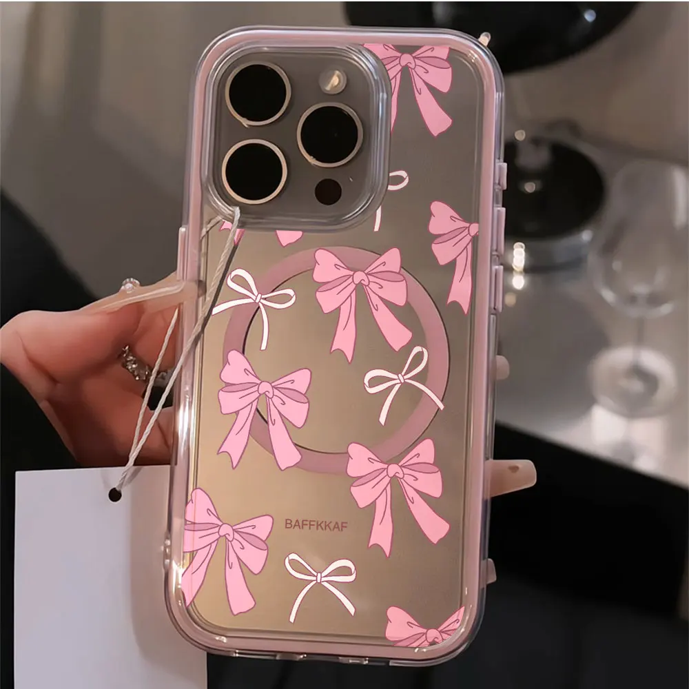 Magnetic Korean Pink Bow Phone Case For Samsung Galaxy A57 S25 S24 S23 S26 Ultra Plus A55 A36 A17 A16 A15 Wireless charge Cover