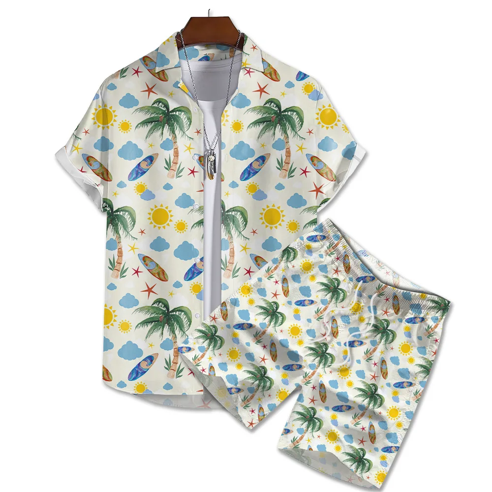 Beach Style Men's Shirt Set Casual Hawaii 3d coconut tree Print Short Sleeve Shirt+Shorts 2pcs Set Holiday Streetwear Suit