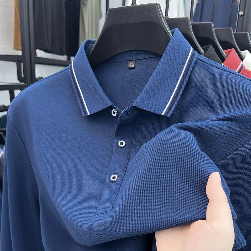 

Long-sleeved T-shirt for men with collar, solid color bottoming autumn top, loose spring and autumn youth business POLO shirt