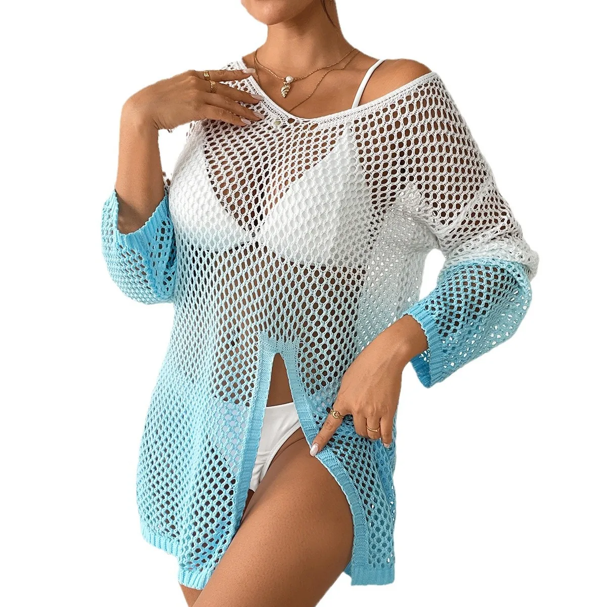 2025, nieuwe stijl holle sexy bikini bovenkleding, gradiënt strand cover-up, trui lange mouwen bodycon jurk strand cover up