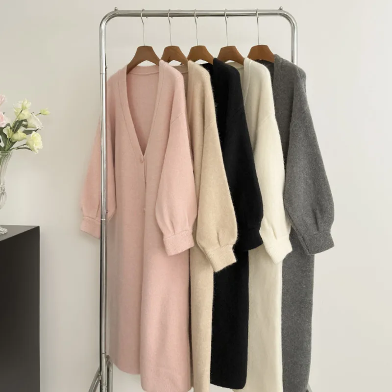 Winter Knitted Cardigans For Women Clothing Korean Casual Loong Sleeve V Neck Single Breasted Long Cardigans Coat Female Jumpers