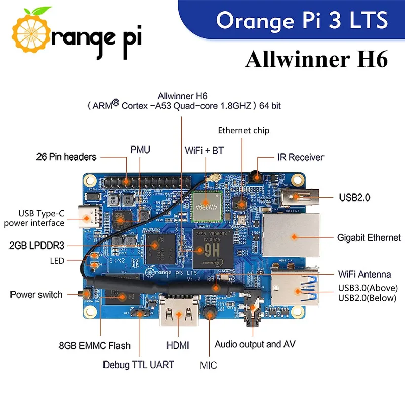 Orange Pi 3 LTS 2GB LPDDR3 8GB EMMC AllWinner H6 SoC Mini Computer WiFi BT5.0 Gigabit Ethernet Run Android 9.0 Ubuntu Debian OS