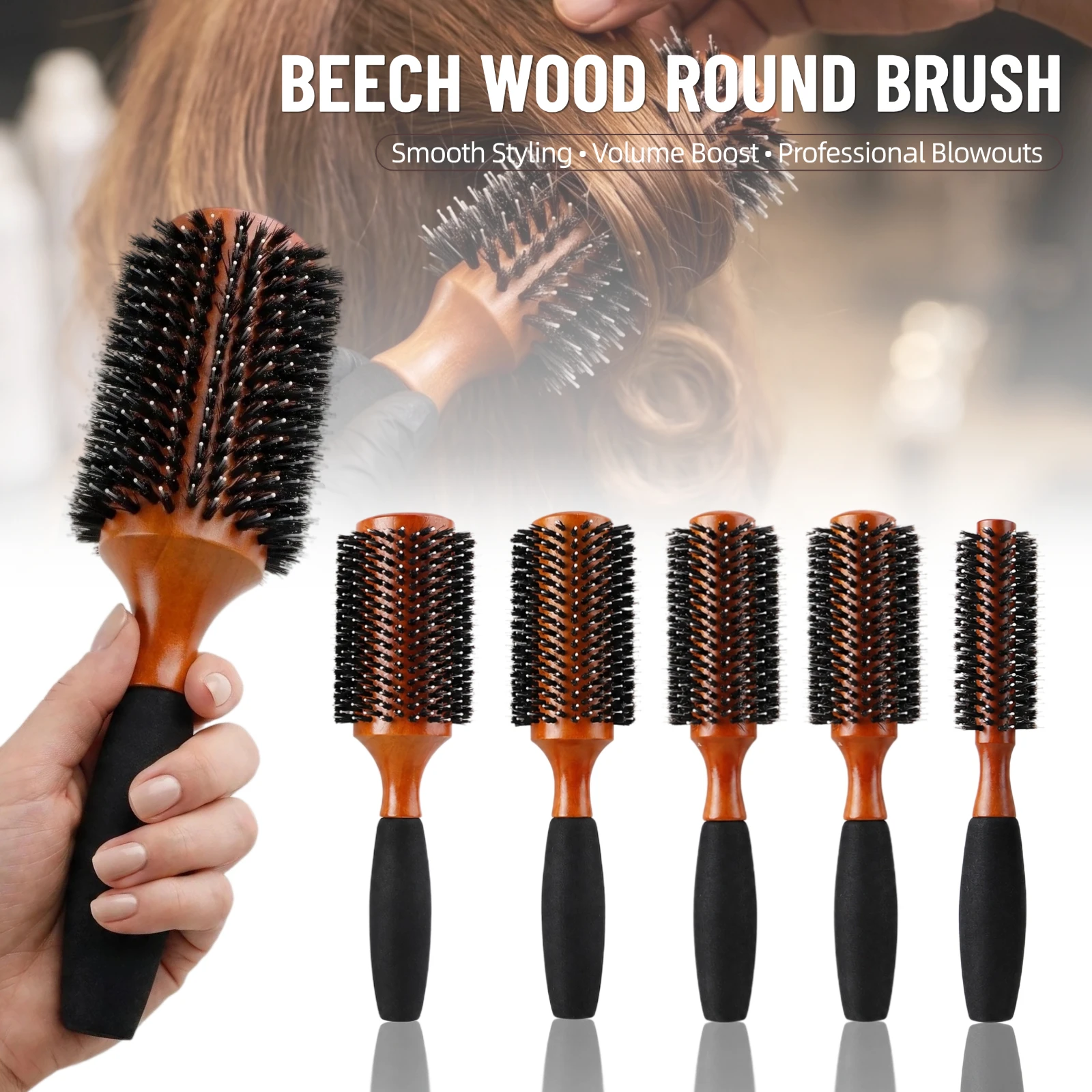5Size Wood Round Curling Brush Boar Bristle Hair Roller Comb Professional Curly Voluminous Brush Salon Hairdressing Styling Tool