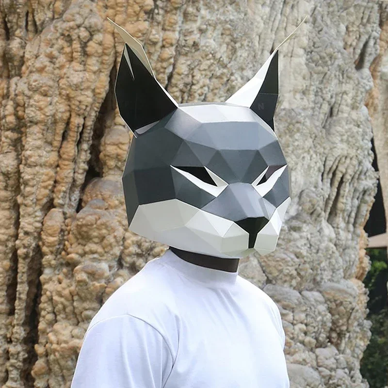 3D Paper Animal Head Mask for Men and Women, Steve and Civet Cats Headgear, Cosplay Props, Halloween Party, Role Play, DIY Craft