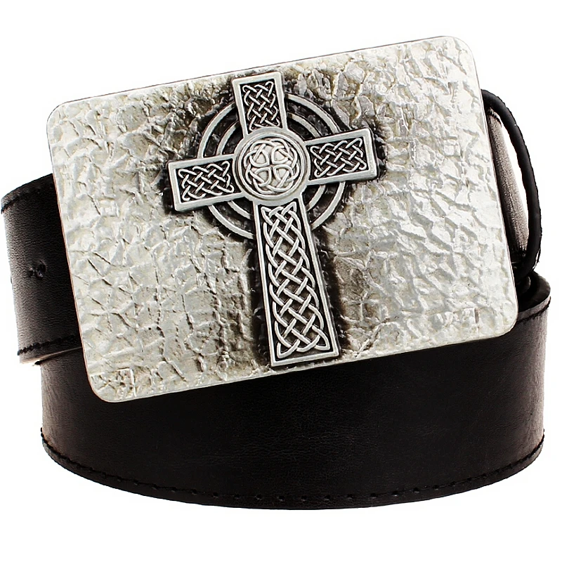 

New Leather Belt Square Celtic Knot Floral Pattern Metal Buckle Cross Weave Trend Punk Rock Decorative Waistband Men Gift Women