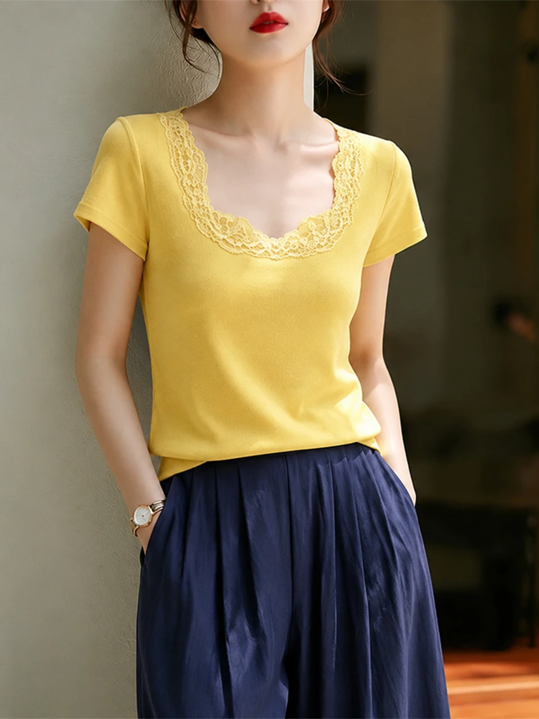 Elegant Short Sleeve T-Shirt Lace Patchwork Head over Heels Summer Fashion Korean Style Straight Cut  Color V-Neck Top