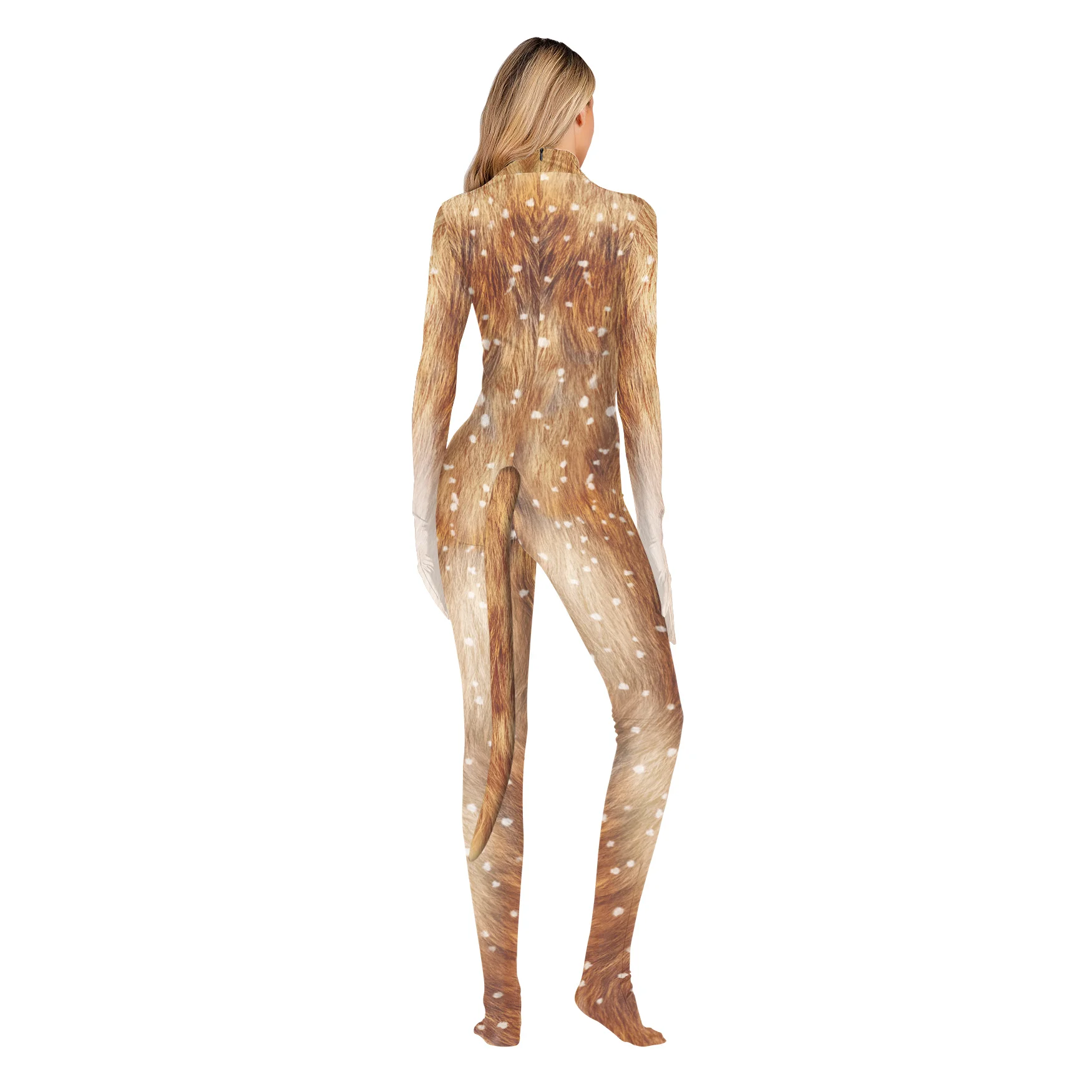 Halloween Party Animal Print Cosplay Costume Woman Sexy Holiday Party Bodysuit Stage Carnival Disguise with Tail Jumpsuit