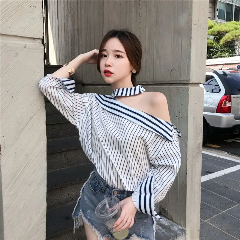 Shirts New Style Temperament Shirts Women Light Mature Shirts Halter Neck Off-shoulder Long-sleeved Tops