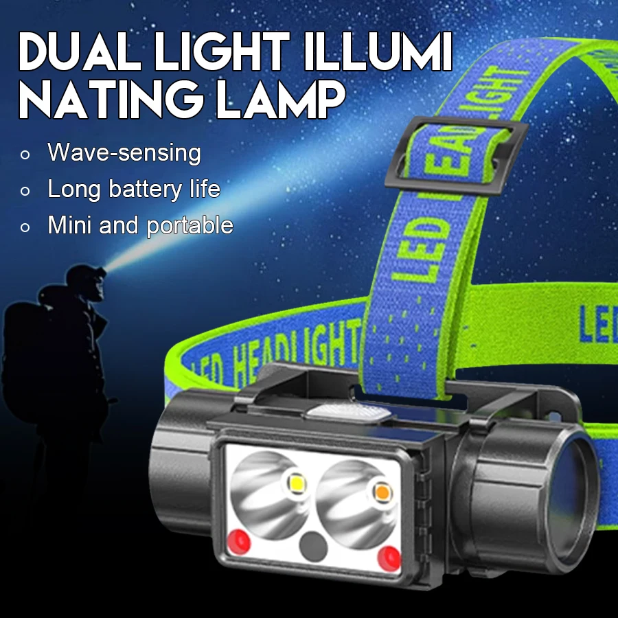 

Rechargeable Sensor LED Headlight Powerful Dual Light Source Torch Outdoor Camping Fishing Headlight with Built-in 18650 Battery