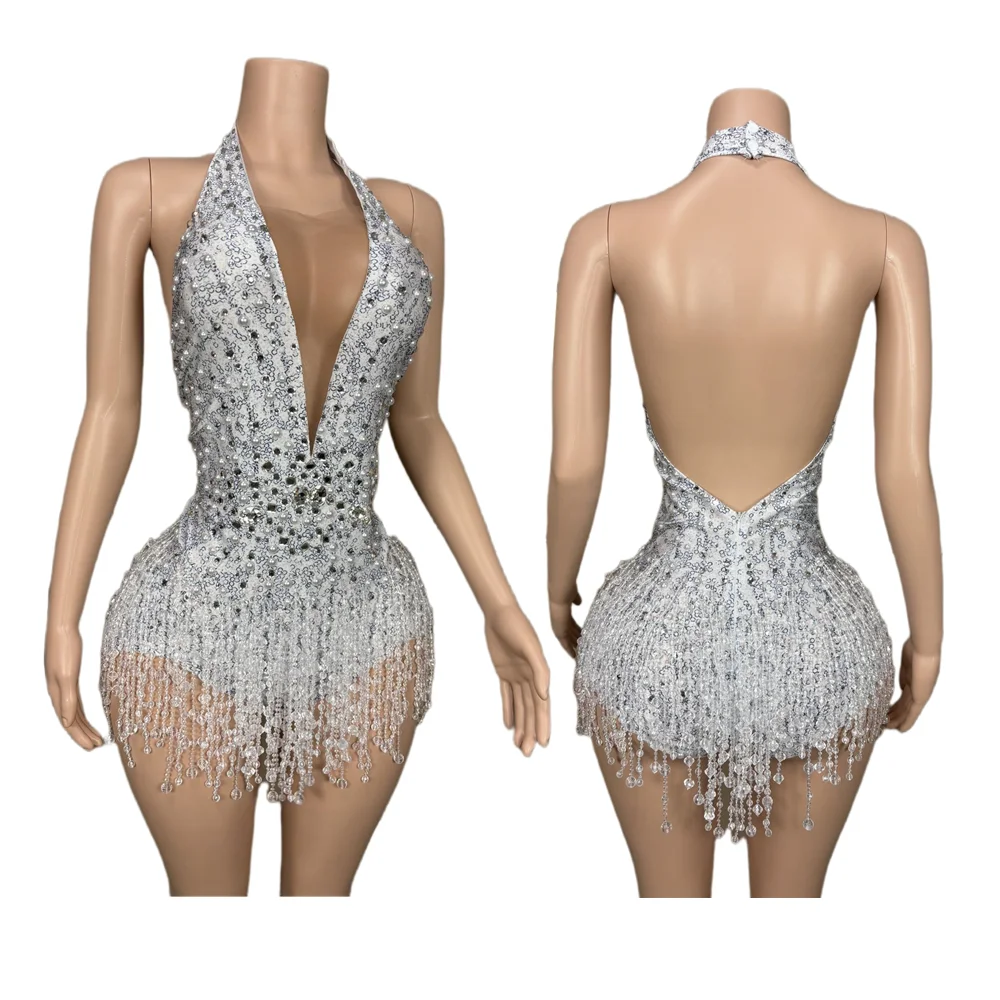 

Sexy Backless Rhinestone Tassel One Piece Bodysuit Ladies Rompers Aerial Dance Gymnastics Leotard Women Show Stage Jumpsuits