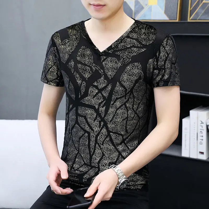 Summer Hollow Breathable T Shirt For Men Quality Short Sleeved Korean Style Casual Slim Velvet Elastic Luxury Camiseta masculina