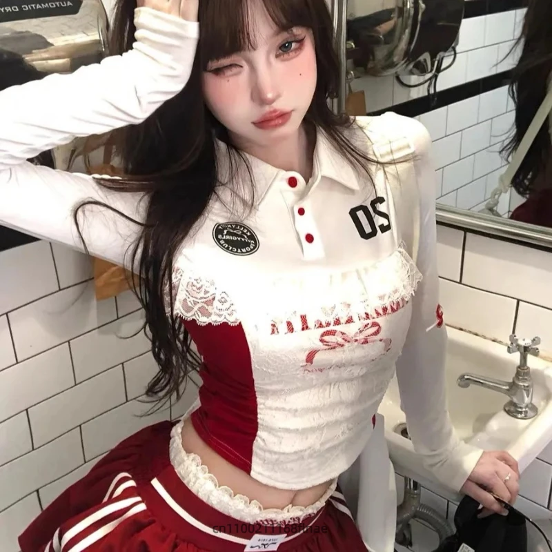 Costume da ballo di strada T-shirt americana in pizzo dolce e piccante a maniche lunghe da donna, vestibilità aderente, polo dimagrante, set di design