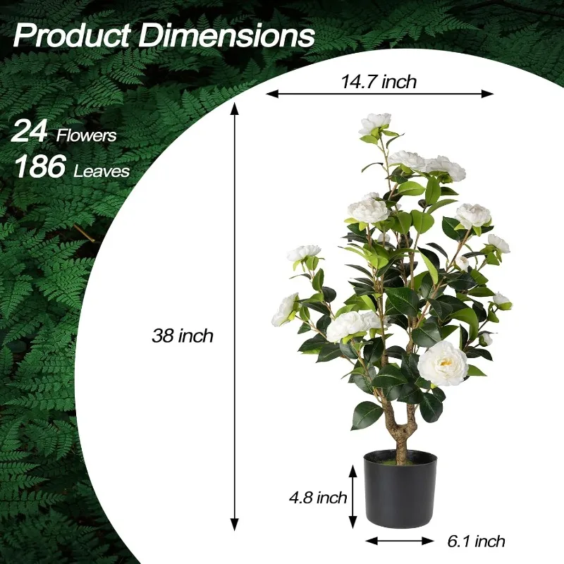 شجرة الكاميليا الاصطناعية 2 عبوة - نباتات الكاميليا الواقعية في وعاء مع زهور بيضاء، خضرة صناعية نابضة بالحياة لغرفة المعيشة، P