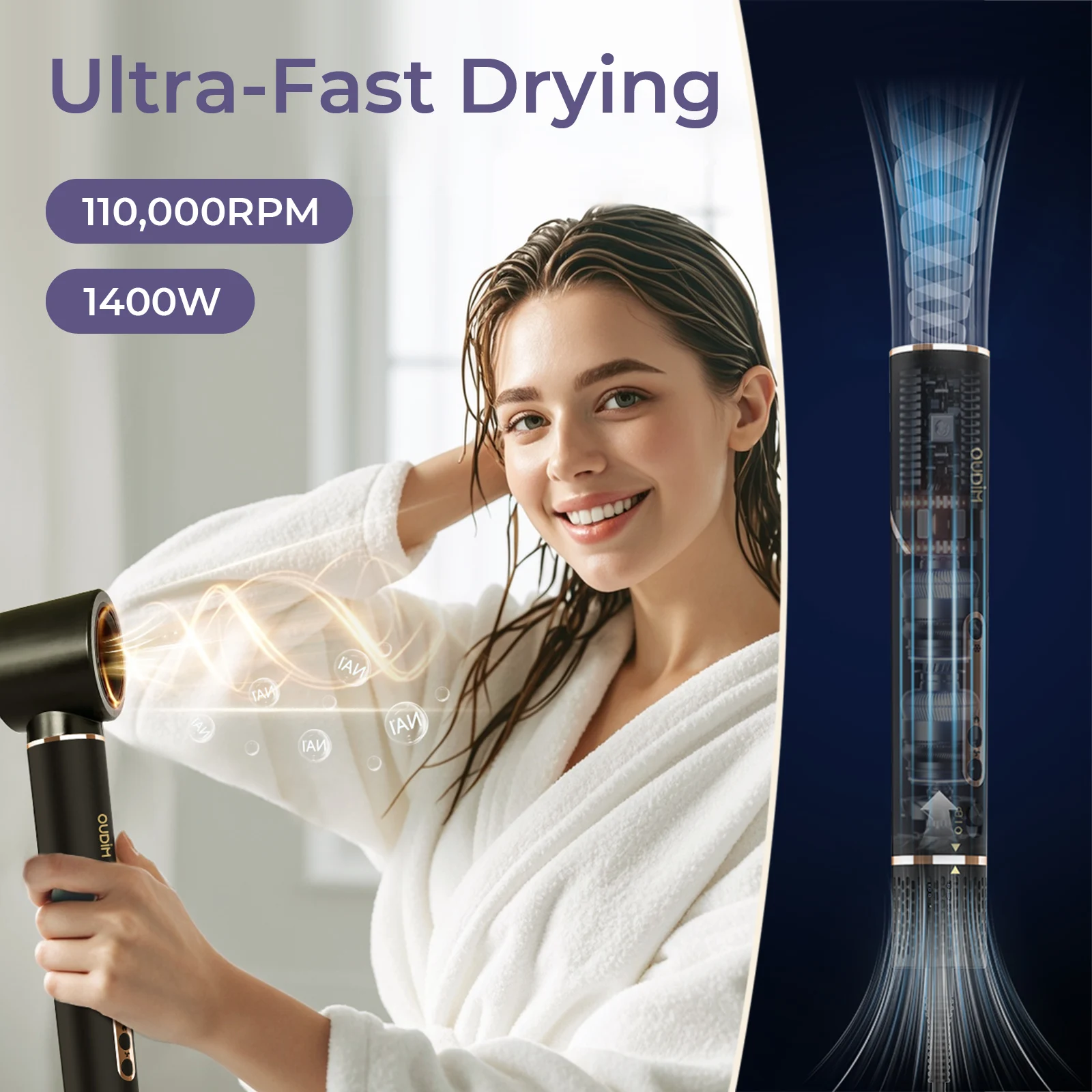 หวีลมร้อนมัลติฟังก์ชั่น 6-in-1, หัวแปรงแบบเปลี่ยนได้, แปรงเครื่องเป่าผมไอออนลบ/หวีจัดแต่งทรงผมพร้อมแปรงไฟฟ้าอนินทรีย์ 110,000 ความเร็วสูง, หวีแห้งเร็วแบบไม่ชี้ฟู, หวีจัดแต่งทรงผมแบบมืออาชีพ/หวีดัดผม/เหล็กดัดผม/เตารีดยืดผม/เหล็กดัดผม/ดัดผมตรงพร้อมความเร็ว 110,000 แรง