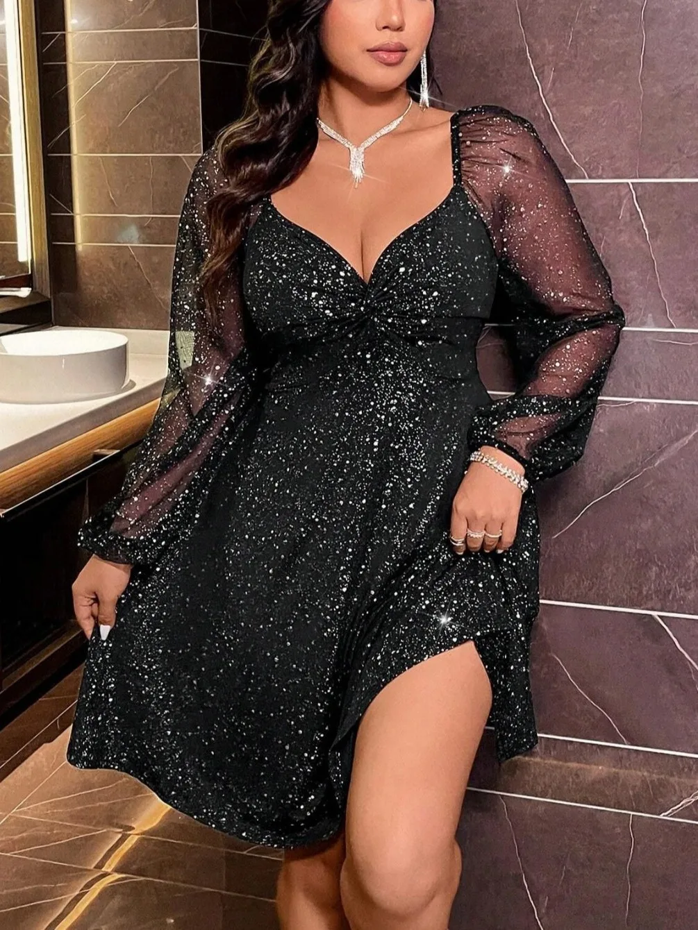 

Sexy Deep V-ne Knot Waist Svel Dr Autumn New Sle Bla Gown Comfortable Polyester Fabric Long Sve A-line Dr