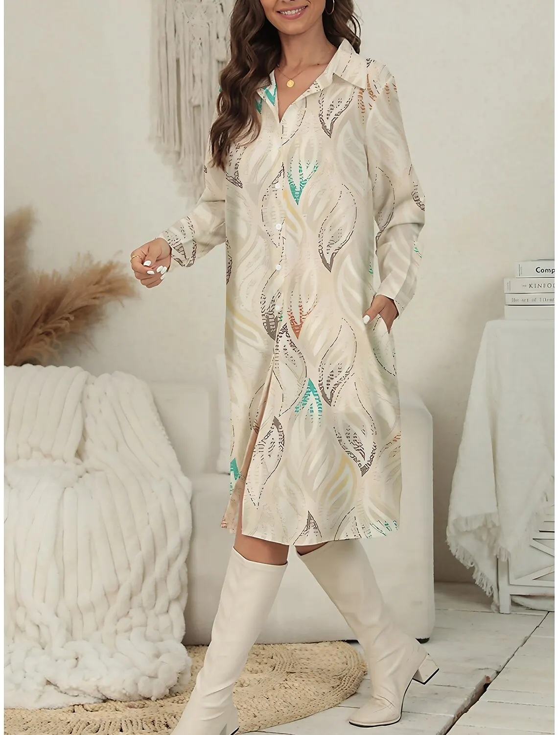 Women\'s Trendy Lace Sexy Split Chic Elegant Shirt Dresses Fall Winter Casual V Neck Feather Printed Long Sleeve Midi Dress Y2K