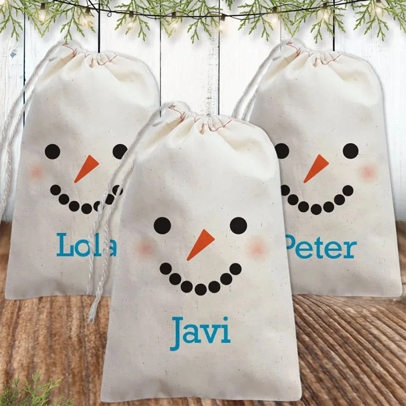 3pcs Personalized Name Snowman Avatar Cotton Cloth Bundle Pocket Christmas Holiday Gift Wrapping Reusable Festival Packaging