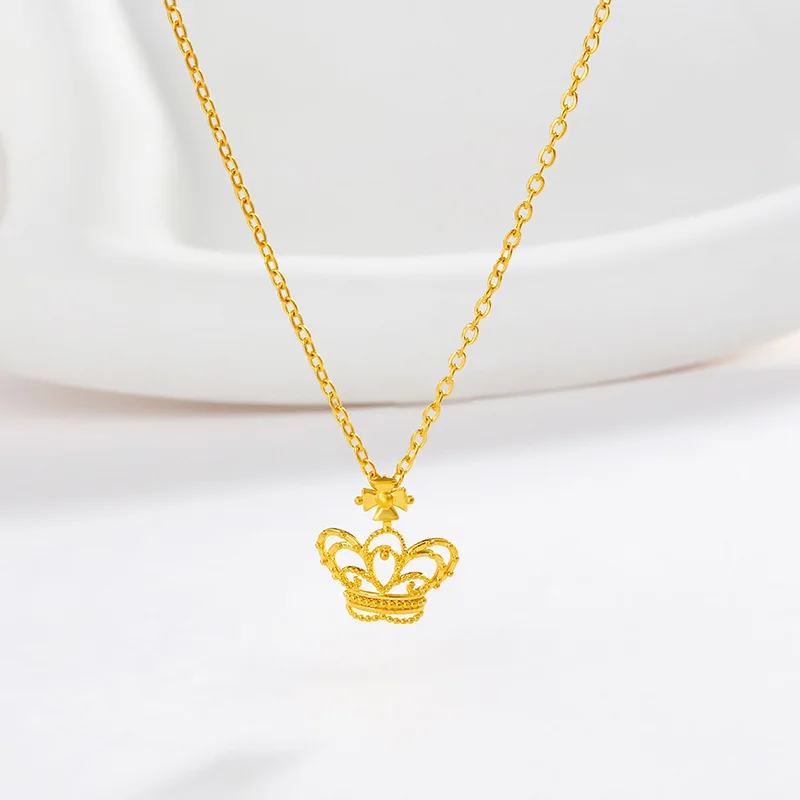 

Luxury 24K 9999 Pure Gold real gold Women's Elegant Clavicle Chain Crown Pendant Necklace