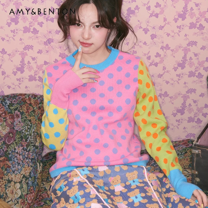 

Японский дизайн, трикотажная женская нижняя рубашка в горошек с круглым вырезом, осень-зима, новая игривая универсальная женская футболка