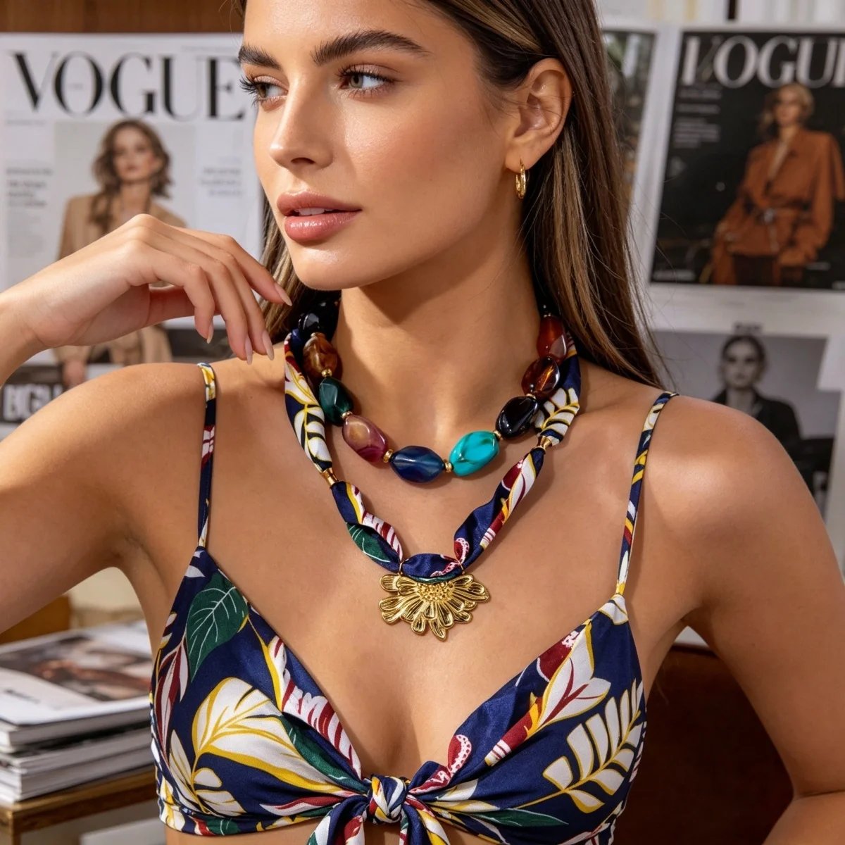 Botanisch bedruckter marineblauer Schal, Edelstahl-Halskette mit geprägten Blumen für Damen, unregelmäßiger Acryl-Perlen-Choker-Schmuck – Detail 16
