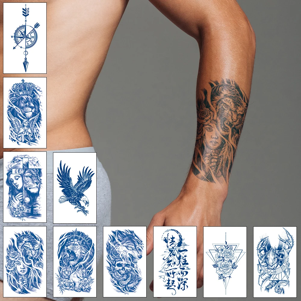 10Pcs Long Lasting Waterproof Juice Temporary Fake Tattoo Sticker,Dragon Scorpion Skull Totem Tiger Wolf Woman Man Sexy Body Art