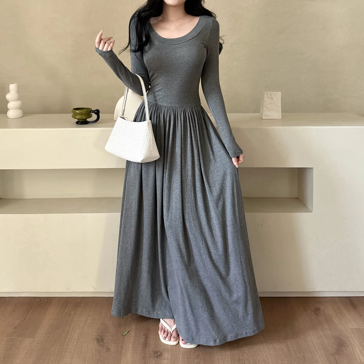 Abito da donna casual comodo a trapezio Nicchia Cravatta posteriore Dettagli ritagliati Abiti Semplice tinta unita drappeggiato Abbigliamento alla moda autunnale