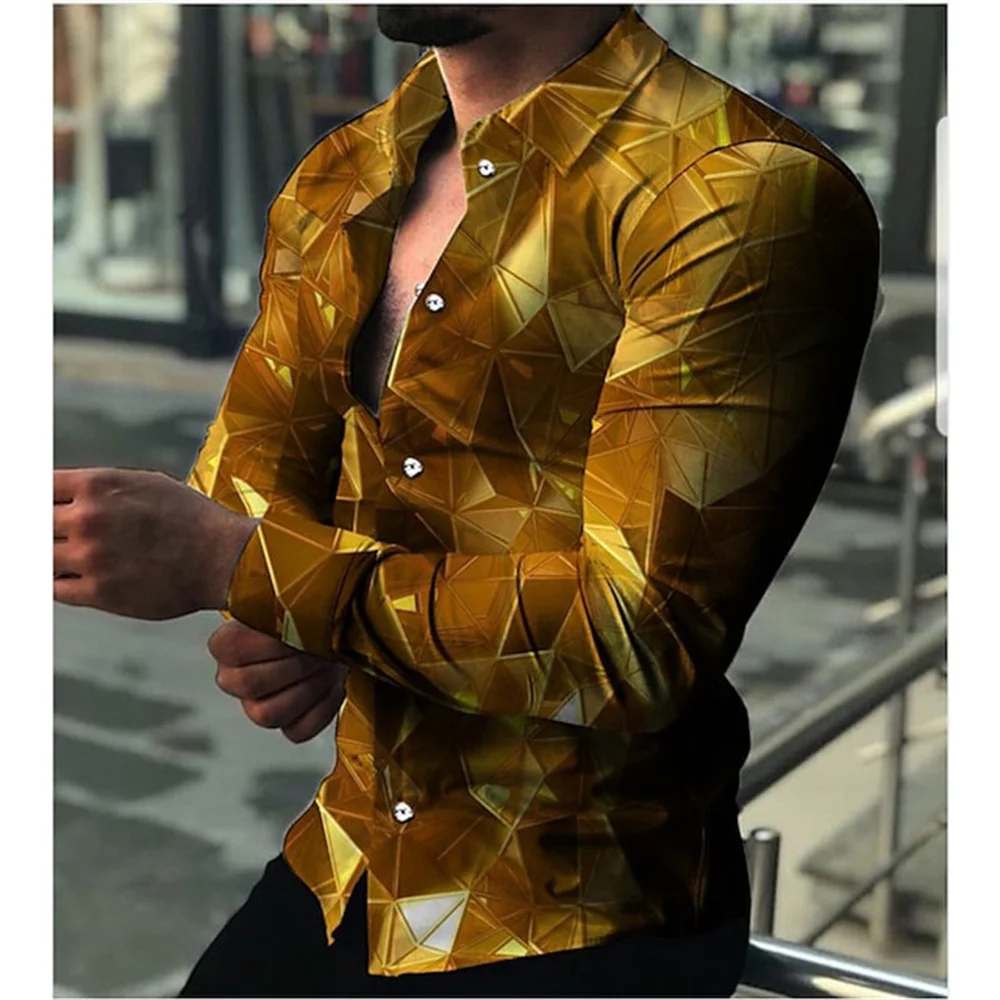 Chemises à motif floral à carreaux pour hommes, revers imprimé en 3D avec bouton, chemises à manches longues transportées, vêtements minces