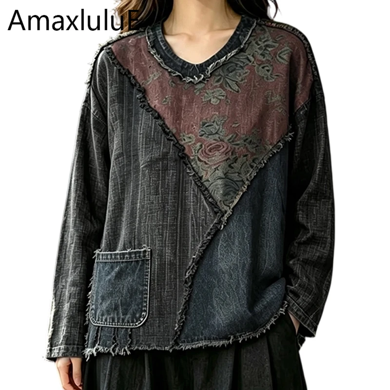 Amax LuluE Herbst Chinesische Damen Vintage Denim T-Shirts Mode Lose Bedruckte Patchwork-Tops Damen Übergrößen O-Ausschnitt Freizeitkleidung
