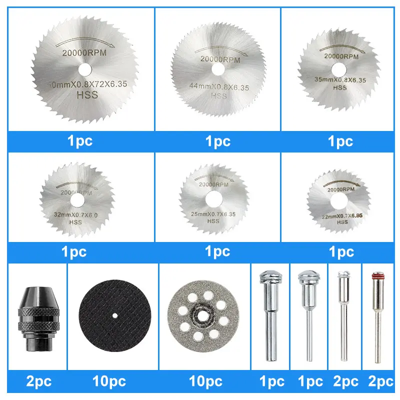 34 buah piringan pemotong berlian cakram potongan logam bilah gergaji HSS, cakram bor M7x0.75 mata gergaji bundar untuk alat putar Dremel