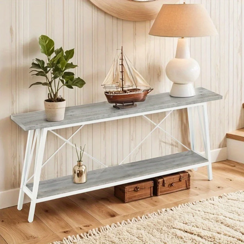 

Narrow Console Table with Shelf, 2-Tier Industrial Entryway or Sofa Table for Living Room, Hallway, Bedroom