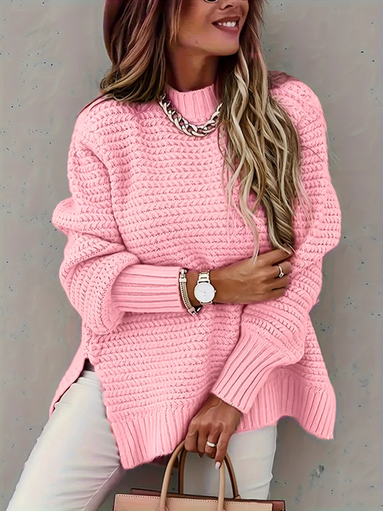 Autumn Winter 2024 Lady Sweaters Female High Neck Knit Pullover Women Lazy Round Neck Kink Solid Oversize Sweater