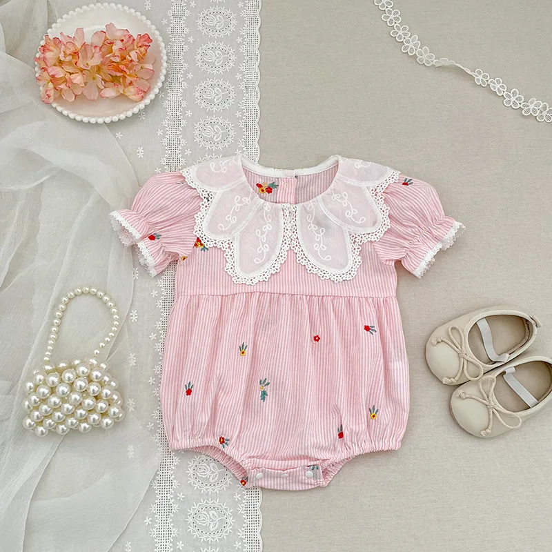 Baby Girls Summer New Crawling Clothes Korean Striped Sweet Embroidered Baby Rompers 2026 New