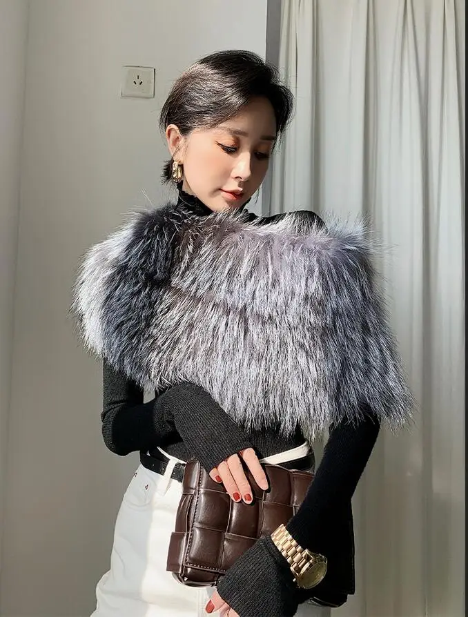 Women Winter Genuine Silver Fox Fur Wraps Scarf for Lady Pullover Capes High Elastic Shrugs