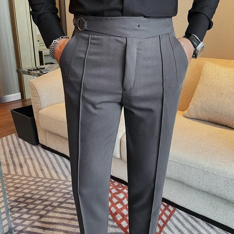 

British Style Men's High Waist Casual Pants New Solid Color Naples Men Suit Pants Slim Fit Casual Business Formal Mens Trousers