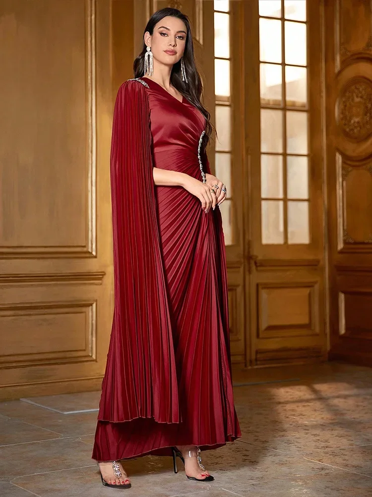 

Elegant Diamonds Dubai Abayas for Women Formal Evening Wedding Party Dress Muslim Kaftan Morocco Vestidos Pleated Satin Caftan
