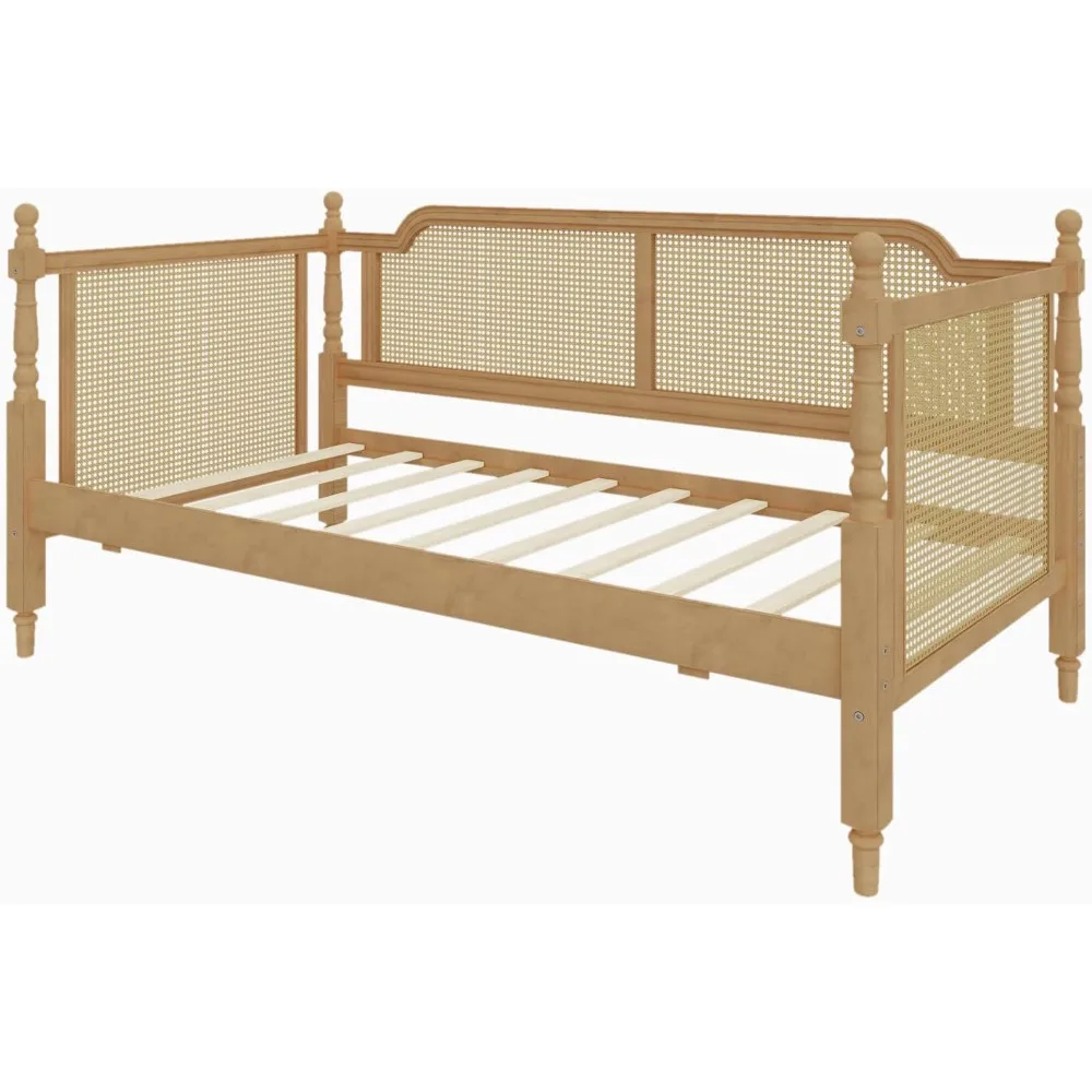 Traditional Style Rattan Twin Size Daybed, Wood Daybed with Trundle for Small Space Guestroom, No Box Spring Needed, Antique Wal image 6