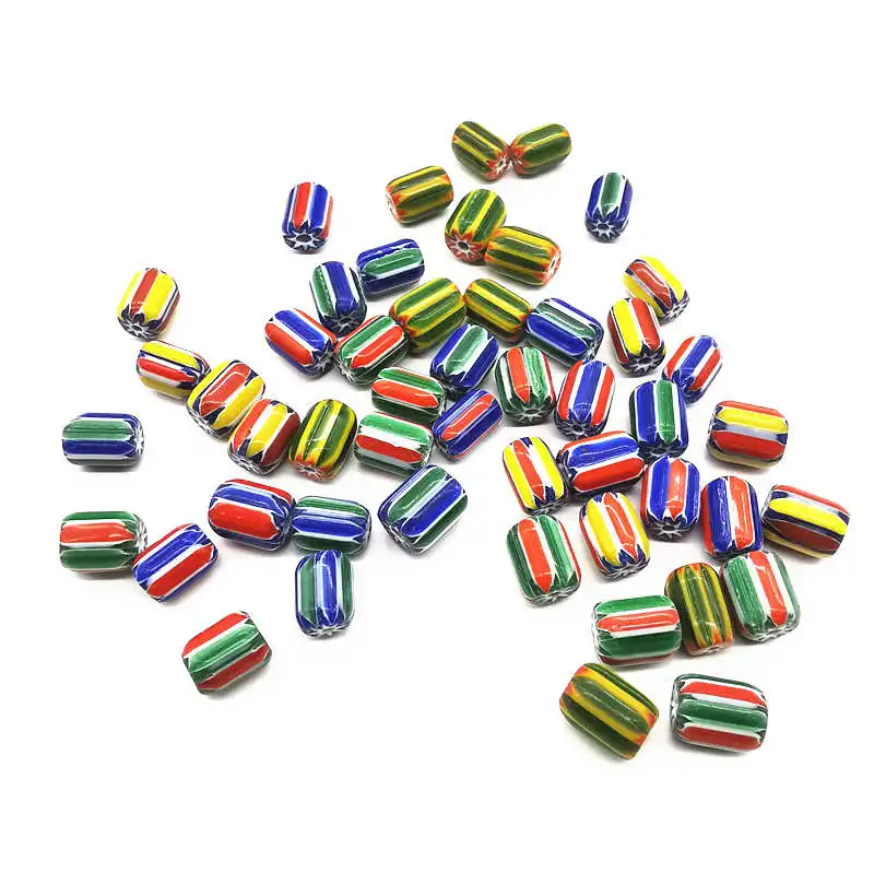 10PCS Hand Lampwork Barrel Beads Safron Rainbow Strips Glaze Simulent Trade Beads TSB0022