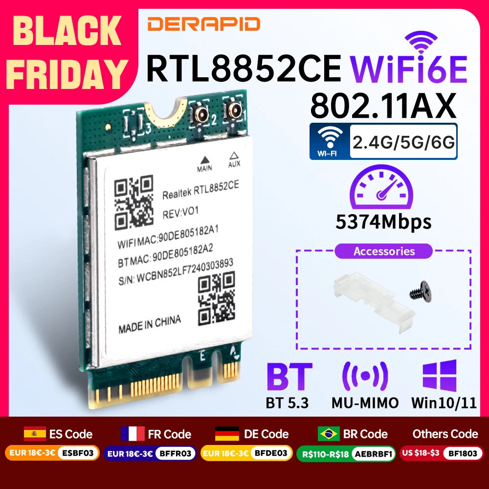 

Трехдиапазонный адаптер Wi-Fi 6E Bluetooth 5.3, 5400 Мбит/с, приемная карта беспроводного сигнала NGFF M.2 для Windows 10/11 RTL8852CE, как AX210